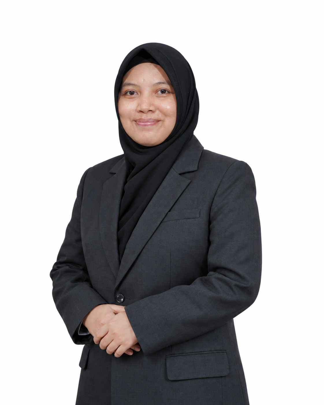 Professional portrait in charcoal blazer and hijab